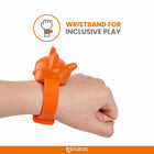 Orange playful wristband for inclusive play on wrist, branded FOFOS with zigly