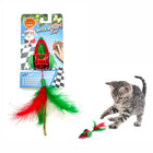 Zigly holiday interactive cat toy with red and green feathers and playful kitten