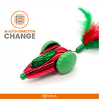 Zigly red and green cat toy with feathers and AI auto-direction change feature on white background