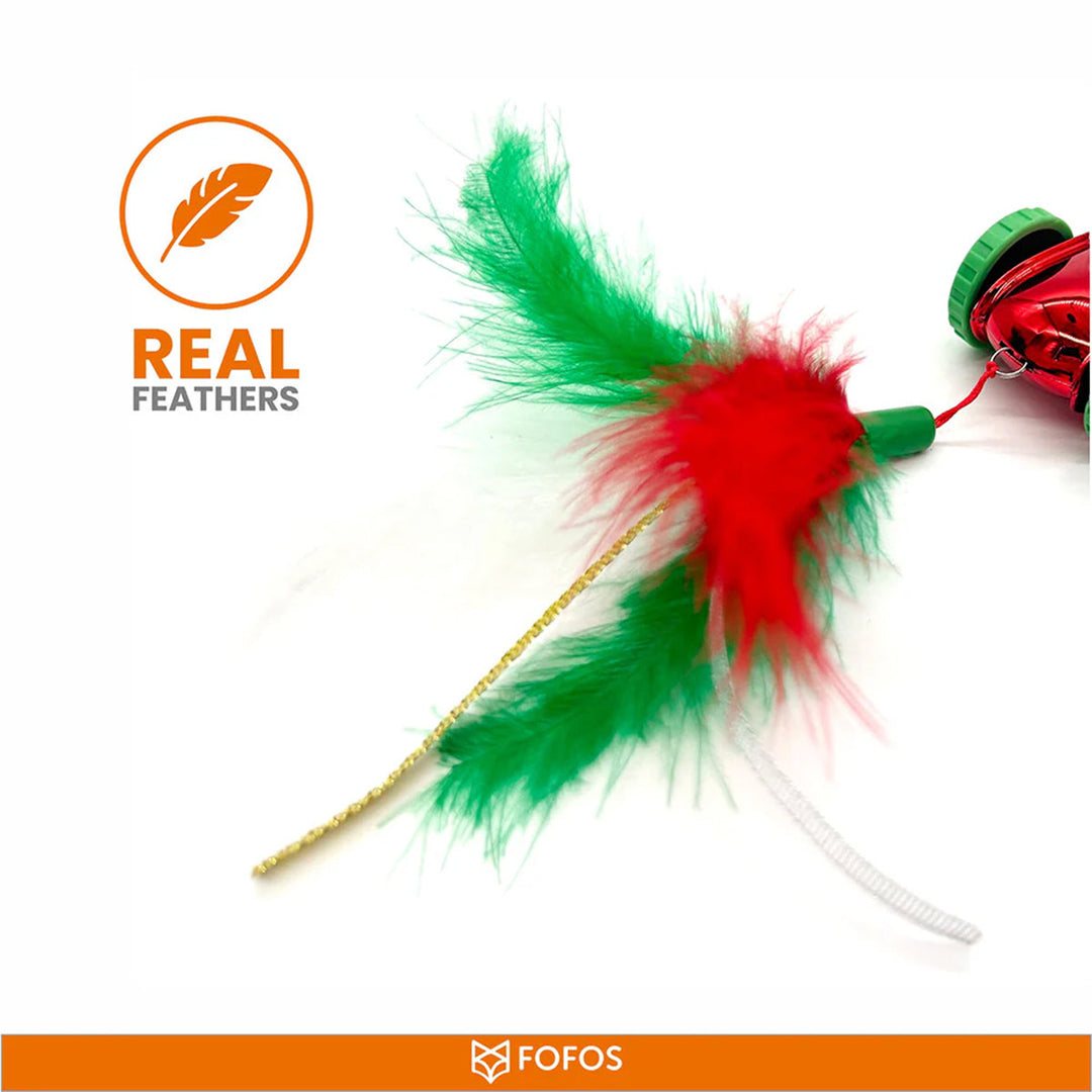 FoFos cat toy with real red and green feathers on a stick and a red bell base by Zigly