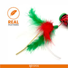FoFos cat toy with real red and green feathers on a stick and a red bell base by Zigly