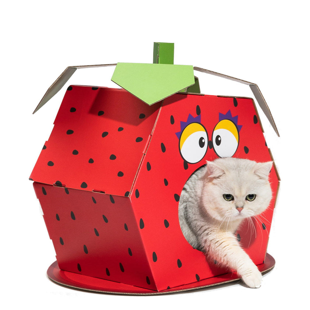 FOFOS Cardboard Cat House With Scratching Pad - Strawberry