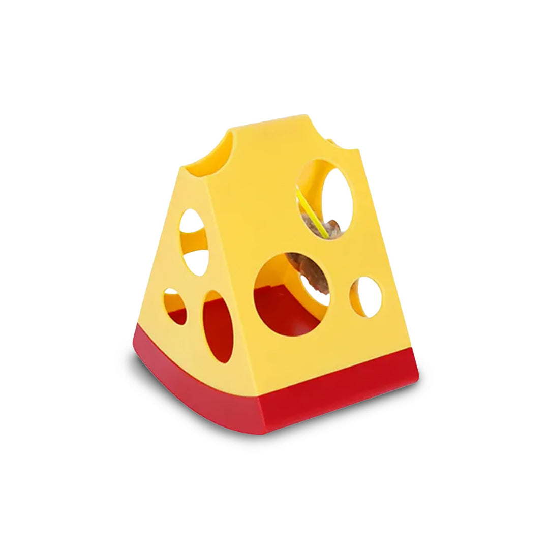 Zigly yellow and red triangular cat toy with circular holes and hanging mouse inside