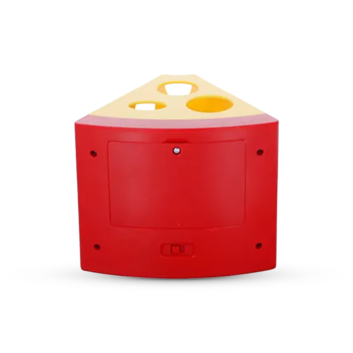 Zigly red and yellow electronic device with three circular openings and rear access panel