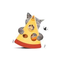 Gray cat playing with zigly pizza slice-shaped interactive cat toy with holes and feather inside