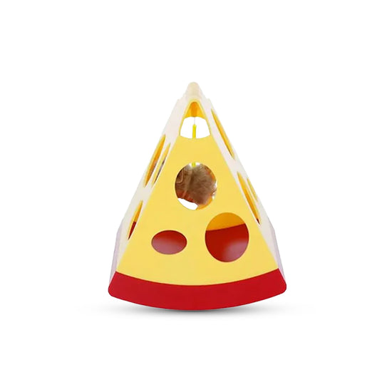 Zigly yellow and red cheese-shaped cat toy with holes and hanging mouse inside