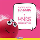 Zigly red three-eyed smiley ball with text saying I don't bleed colours and I'm easy to clean