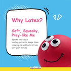 Zigly soft red latex dog toy with three eyes and text about squeaky, prey-like benefits for dogs