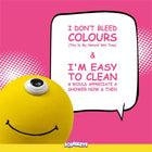 Yellow one-eyed smiling stress ball with speech bubble on pink background reading I don't bleed colours, zigly