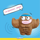 Zigly Squeezy muscular brown toy with blue headband and big eyes on blue background