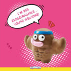 Zigly muscular toy figure with blue headband on pink background, 95% biodegradable, Squeezys