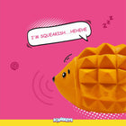 Zigly orange squeaky hedgehog toy with geometric spikes on pink background saying 'I'm squeakish...hehehe'