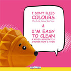 Zigly orange hedgehog toy with text about natural color and easy to clean on pink background