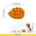 zigly orange hedgehog dog toy with pyramid spikes, 12x9.2 cm, size comparison with tennis ball and beagle
