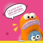 Zigly orange and blue squeaky toy with 100% natural latex rubber text on pink background