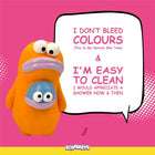 Orange Squeeezys toy with purple lips and blue pouch against pink background with zigly text saying easy to clean natural skin tone