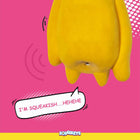 Zigly yellow squeaky toy with speech bubble saying I'm squeakish...hehehe on pink background