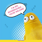 Yellow Squeezy character on blue background with speech bubble saying 95% biodegradable, special Zigly eco message