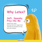 Zigly soft squeaky latex dog toy personality with text highlighting stress-busting and chewing benefits