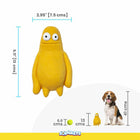 Yellow zigly plush toy with big eyes, 5.11 inches tall, sized by tennis ball and dog