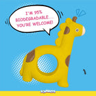 Yellow biodegradable giraffe-shaped baby teether toy with speech bubble and zigly style