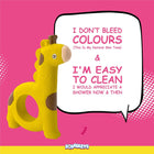 Zigly yellow giraffe baby teether toy with text about natural skin tone and easy cleaning on pink background
