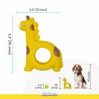 Zigly yellow giraffe dog toy with tail and ear details, measuring 6.2x4.3 inches, size comparison with tennis ball and dog