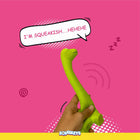 Hand holding green dinosaur squeaky toy on pink background with speech bubble saying I'm squeakish zigly