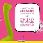Green dinosaur toy on pink background with text about natural skin tone and easy to clean, zigly brand