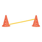 Zigly orange training cones with holes connected by yellow agility pole on white background