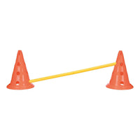 Zigly orange training cones with holes connected by yellow agility pole on white background