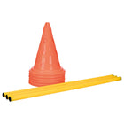 Zigly orange training cones stacked with three yellow agility poles on white background