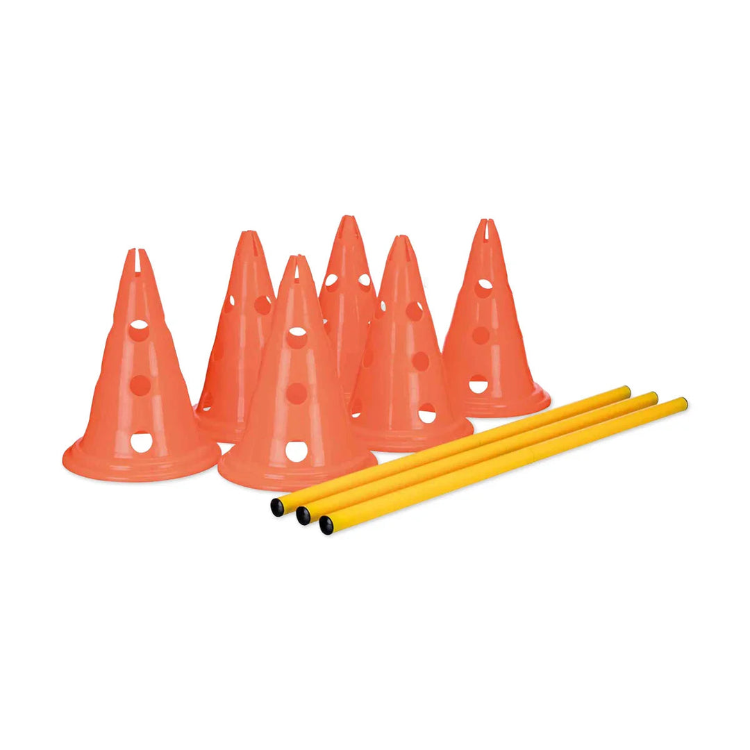 Zigly orange training cones with holes and yellow agility poles for sports drills