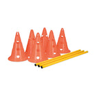 Zigly orange training cones with holes and yellow agility poles for sports drills