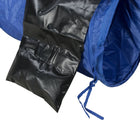 Close-up of blue and black waterproof fabric bag with drawstring and stitched pockets zigly