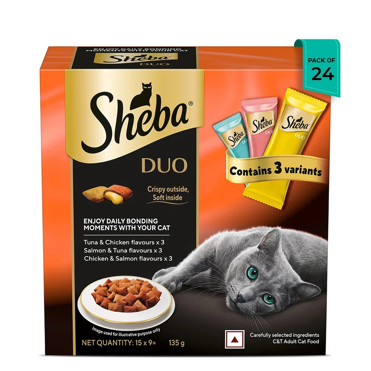 Sheba Duo Adult Crunchy Cat Treats - Tuna & Chicken, Salmon & Tuna, Chicken & Salmon - 135g