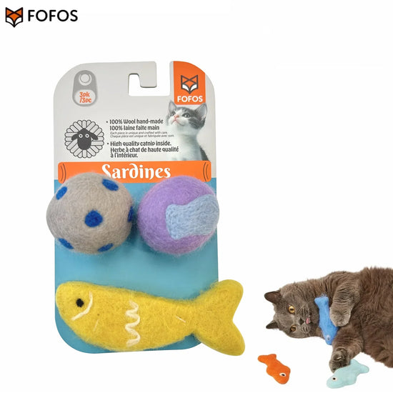 FOFOS Sardine Wool Cat Toy - 2 Balls & 1 Fish - 3 Pack