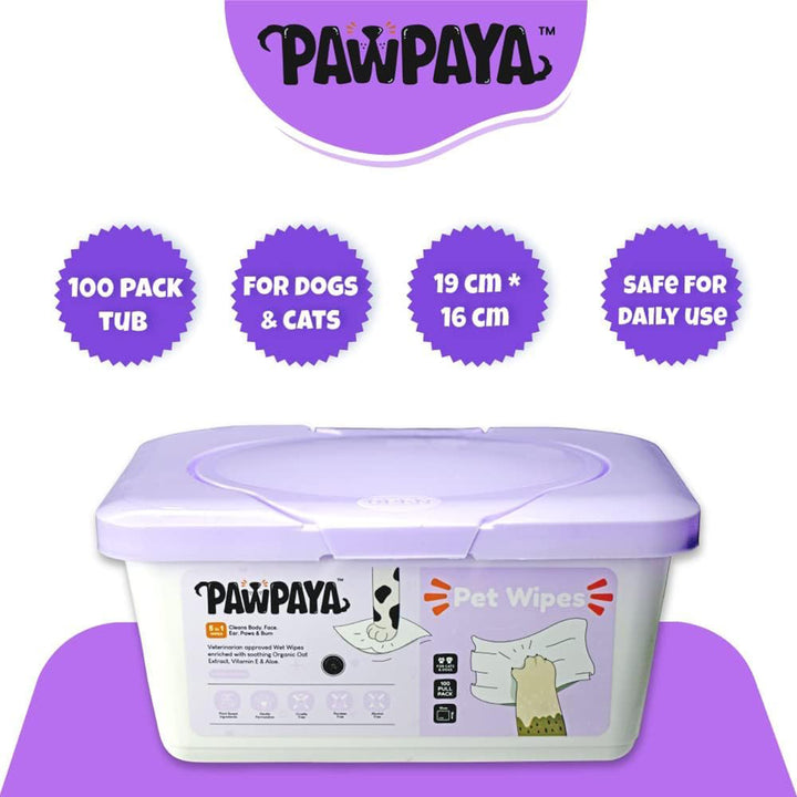 Pawpaya Pet Wipes 100 Pack Tub - 19 x 16cm