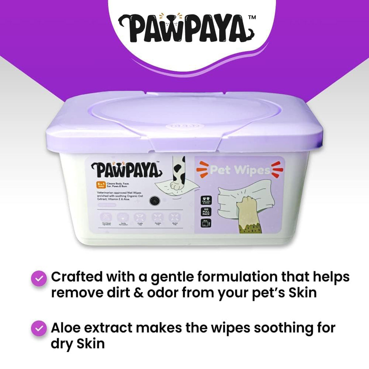 Pawpaya Pet Wipes 100 Pack Tub - 19 x 16cm