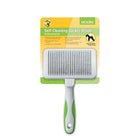 Zigly self-cleaning slicker brush for pet grooming, ideal for dogs, white and green handle