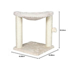 Zigly beige cat tree with plush hammock, scratch posts, and dangling toy, dimensions shown
