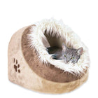 Gray cat resting inside brown plush pet bed with furry white trim and paw print detail zigly