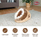 Zigly brown plush cat bed with fur trim on carpet, lightweight, removable cushion, easy to clean