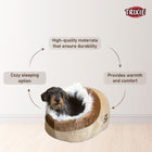 Zigly cozy dog bed with plush brown and beige fabric, dog inside, durable and warm sleeping option