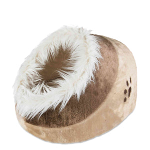 Zigly cozy brown pet bed with white faux fur rim and paw print design