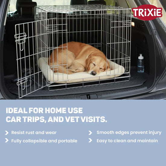 Golden retriever dog sleeping in metal pet crate in car trunk, ideal for home and travel zigly