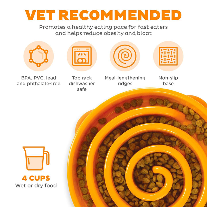 Outward Hound Fun Feeder Slo-Bowl Helps Prevent Obesity & Bloat Dog Bowl-(Orange)