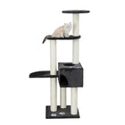 Cat on multi-level zigly cat tree tower with scratching posts and black platforms