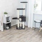 zigly modern cat tree tower with kitten, scratch posts and condo in bright living room