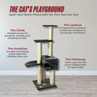 Zigly multi-level cat tree with scratching posts, cozy hideaway and lookout platforms.